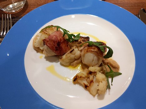 20200220_IMG192539_Pixel3a-JEB starter: Pan fried scallops wrapped in pancetta, roasted cauliflower